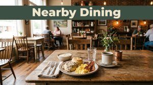 A Southern meal and coffee on a wooden table inside a cozy café.