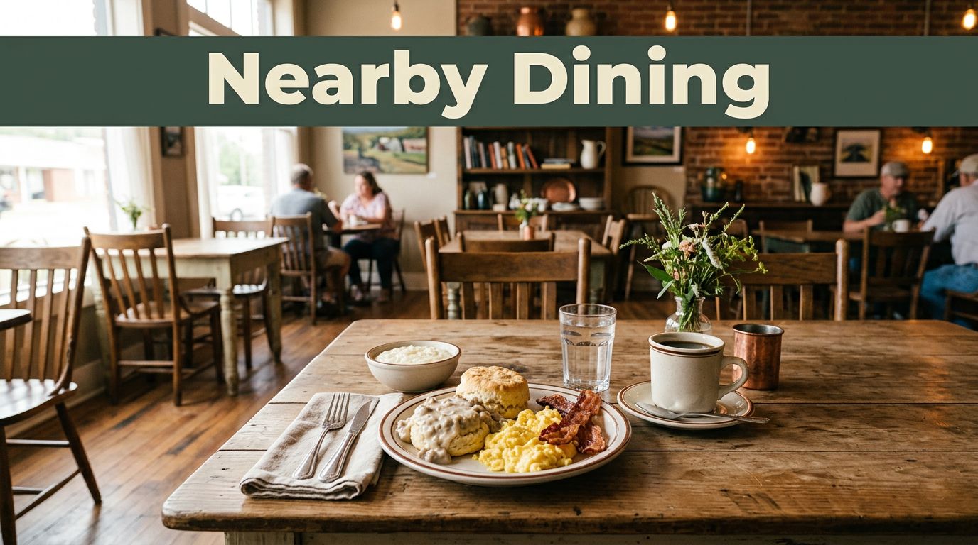 A Southern meal and coffee on a wooden table inside a cozy café.