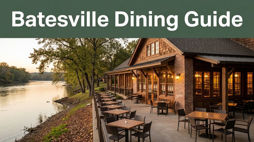 A rustic riverside restaurant with a terrace, glowing windows, and a green Batesville Dining Guide banner.