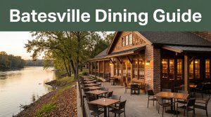A rustic riverside restaurant with a terrace, glowing windows, and a green Batesville Dining Guide banner.