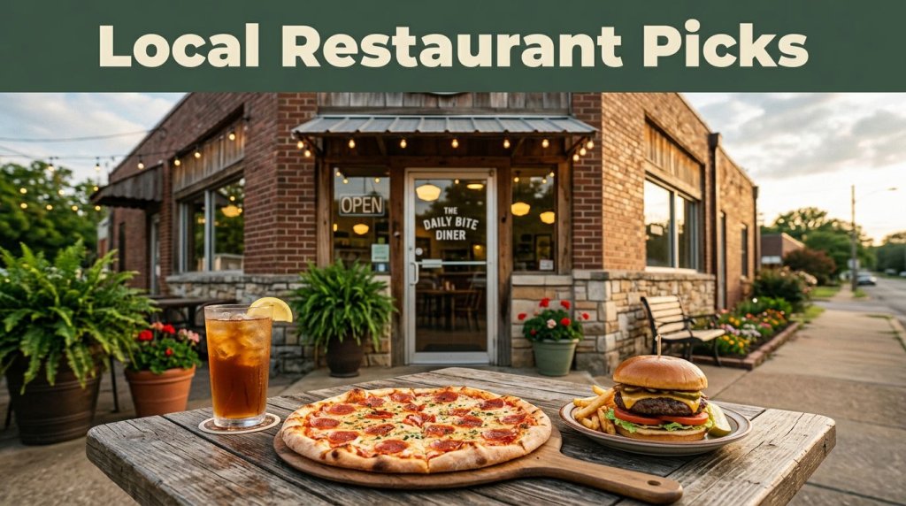 A small Arkansas diner behind a table with pizza, a burger, and iced tea.