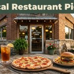 A small Arkansas diner behind a table with pizza, a burger, and iced tea.