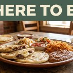 Pupusas, rice, beans, and salsa on a rustic table in a roadside restaurant.