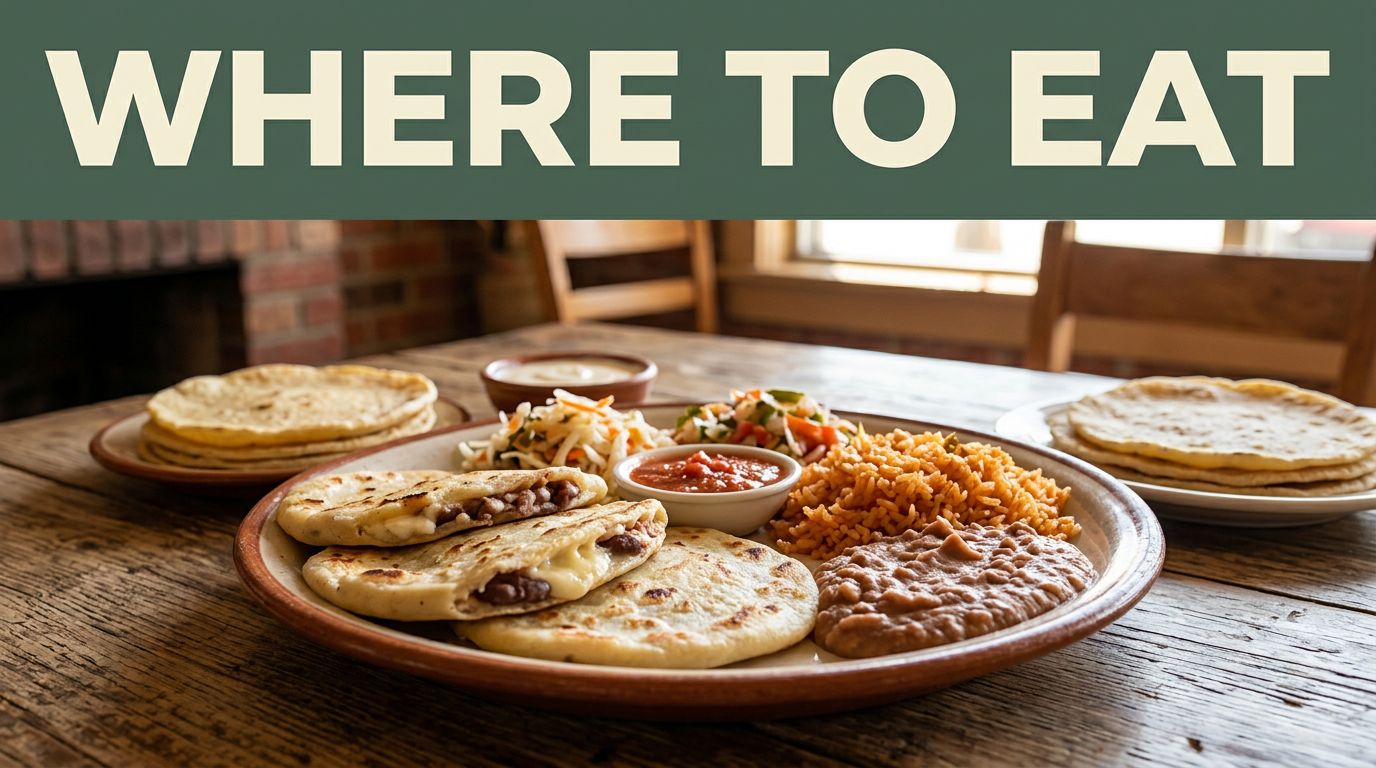 Pupusas, rice, beans, and salsa on a rustic table in a roadside restaurant.