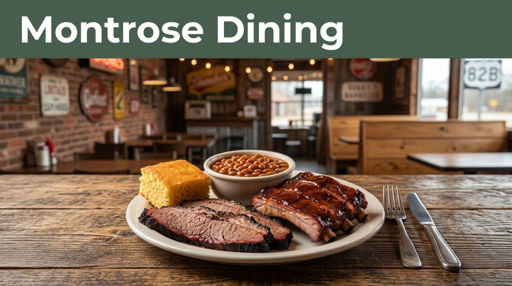 A barbecue platter with brisket, ribs, beans, and cornbread in a rustic restaurant.