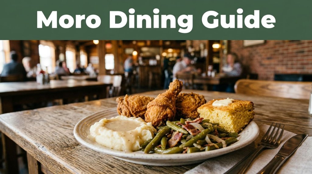 Southern comfort food sits on a rustic table beneath a Moro Dining Guide banner.