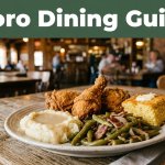Southern comfort food sits on a rustic table beneath a Moro Dining Guide banner.