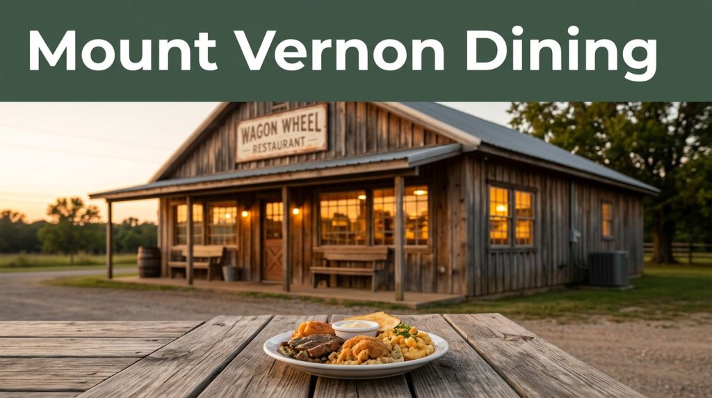 Rustic Arkansas restaurant glowing at sunset beside a plate of comfort food.