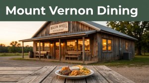 Rustic Arkansas restaurant glowing at sunset beside a plate of comfort food.
