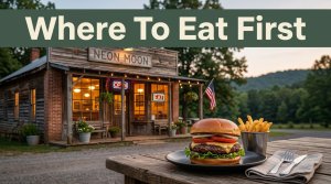 Burger and fries outside a warmly lit restaurant in Mountainburg, Arkansas.
