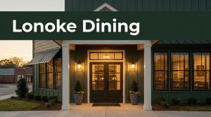 A warmly lit Southern restaurant exterior in Lonoke at golden hour.