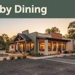 A neighborhood restaurant with glowing windows beneath a Nearby Dining headline at sunset.