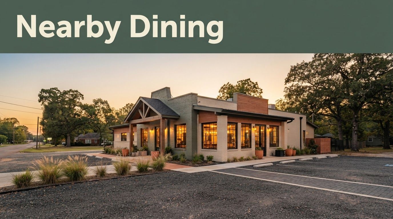 A neighborhood restaurant with glowing windows beneath a Nearby Dining headline at sunset.