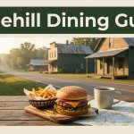 Burger, fries, coffee, and a map overlook a quiet Arkansas road.