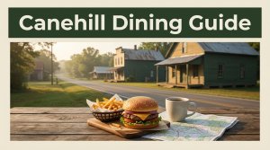 Burger, fries, coffee, and a map overlook a quiet Arkansas road.