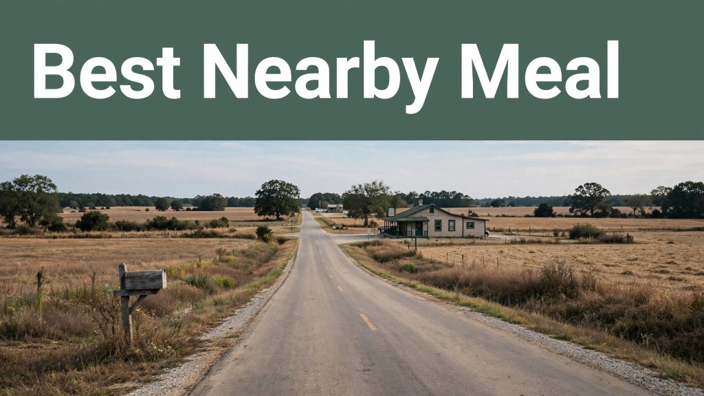 A rural road leads toward a modest restaurant under a dark green headline banner.