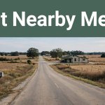 A rural road leads toward a modest restaurant under a dark green headline banner.