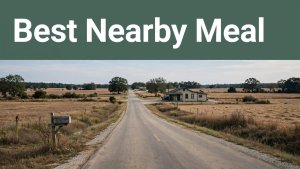 A rural road leads toward a modest restaurant under a dark green headline banner.