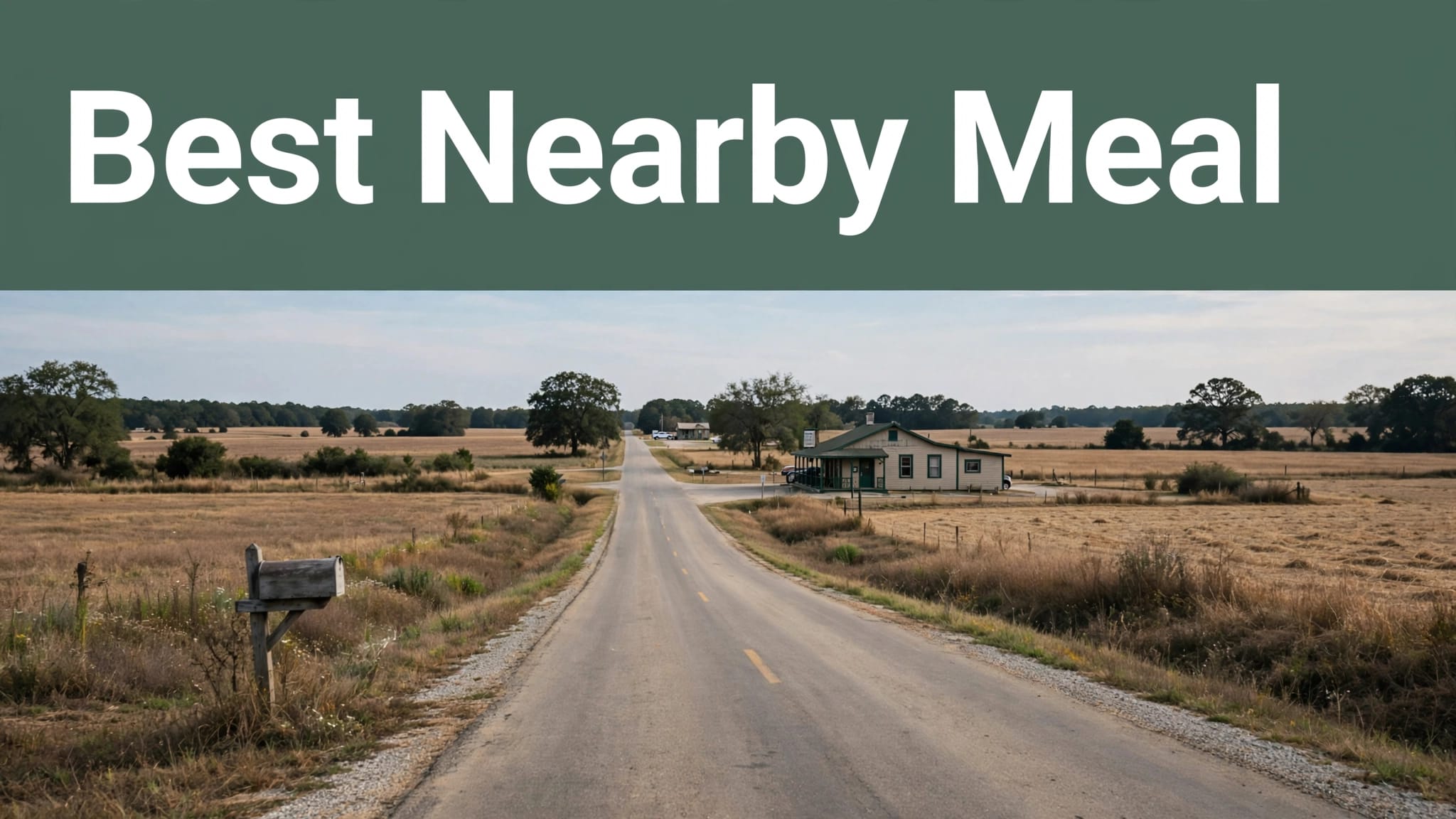 A rural road leads toward a modest restaurant under a dark green headline banner.