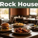 Burger, wings, and steak served on rustic plates in a warmly lit restaurant.