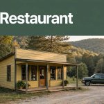 A rural Arkansas eatery with a porch, pickup truck, wooded hills, and a dark green headline band.