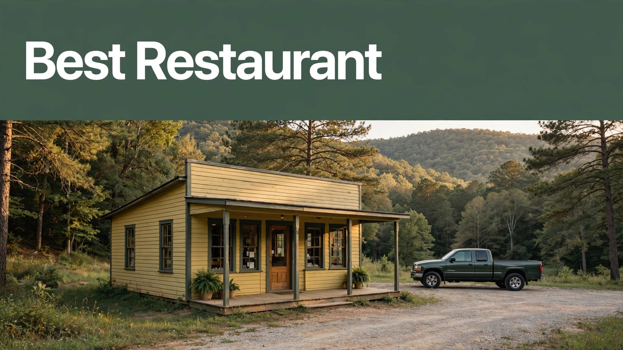 A rural Arkansas eatery with a porch, pickup truck, wooded hills, and a dark green headline band.