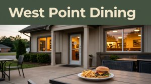 A cozy restaurant exterior with a burger and fries on a patio table.