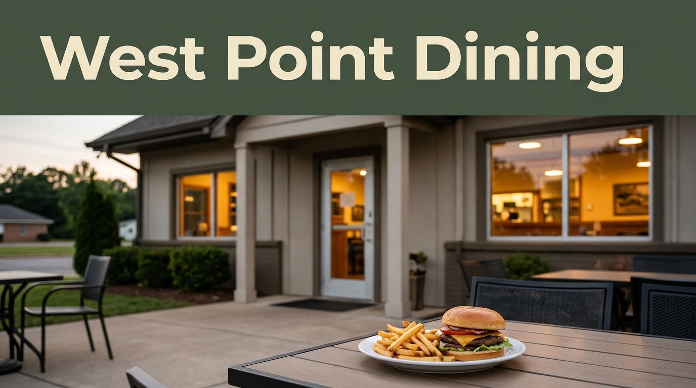 A cozy restaurant exterior with a burger and fries on a patio table.