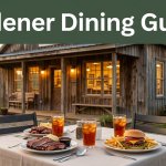 Rustic café with barbecue, burger, fries, and iced tea on an outdoor table.