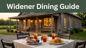 Rustic café with barbecue, burger, fries, and iced tea on an outdoor table.