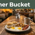 Eggs, biscuits, and coffee sit on a wooden table inside a rural diner.