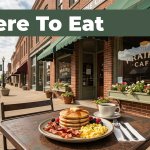 A plated breakfast outside a charming small-town café on Main Street.