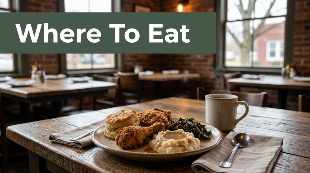 A Southern meal and coffee sit on a rustic table in a cozy restaurant.