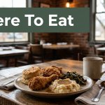 A Southern meal and coffee sit on a rustic table in a cozy restaurant.