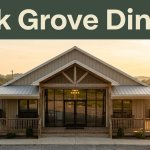 Southern restaurant exterior with a centered entrance and green “Oak Grove Dining” header.