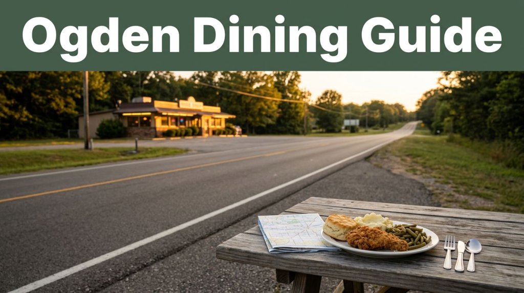 A comfort-food plate and road map overlook a highway leading to a lit diner at sunset.