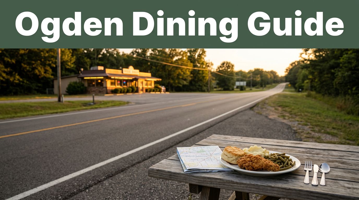 A comfort-food plate and road map overlook a highway leading to a lit diner at sunset.