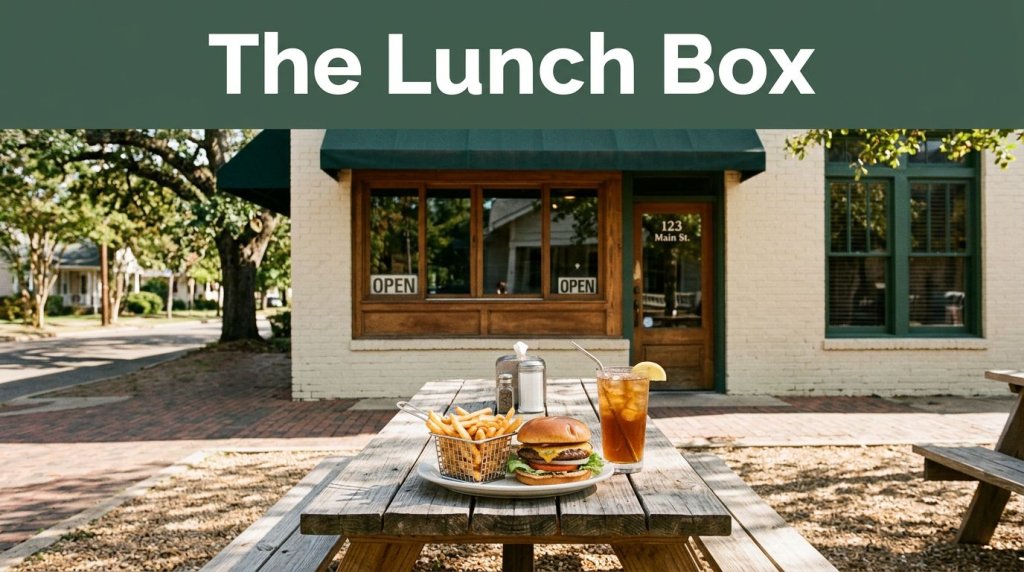 A small restaurant with a burger lunch on a picnic table outside.