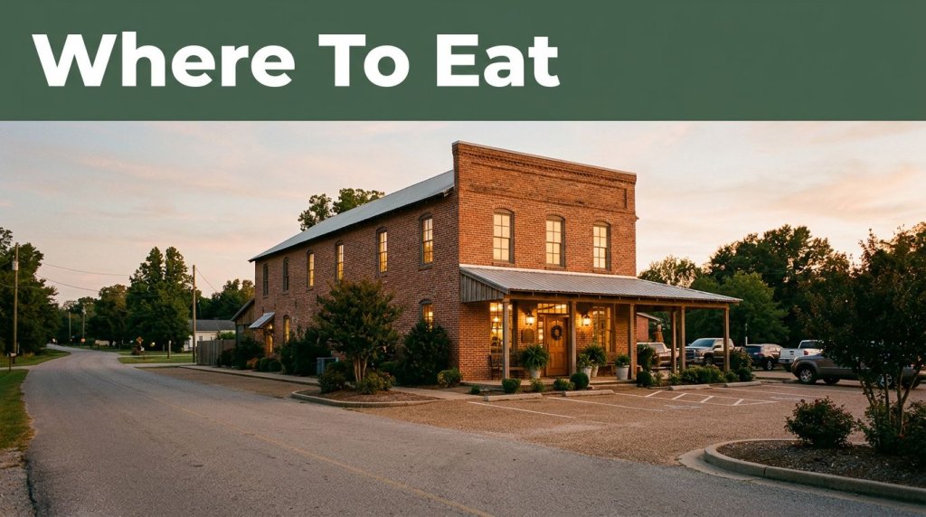 A small brick restaurant with glowing windows and a clean parking area at dusk.
