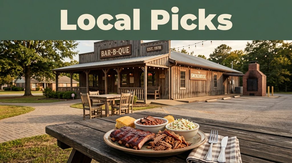 Barbecue plates sit outside a welcoming small-town Arkansas restaurant.