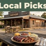 Barbecue plates sit outside a welcoming small-town Arkansas restaurant.