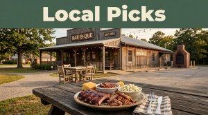 Barbecue plates sit outside a welcoming small-town Arkansas restaurant.