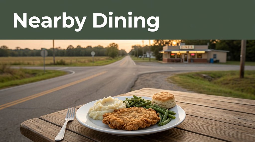 A comfort-food meal sits beside a road leading to a warmly lit diner in the countryside.