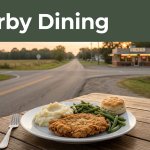 A comfort-food meal sits beside a road leading to a warmly lit diner in the countryside.