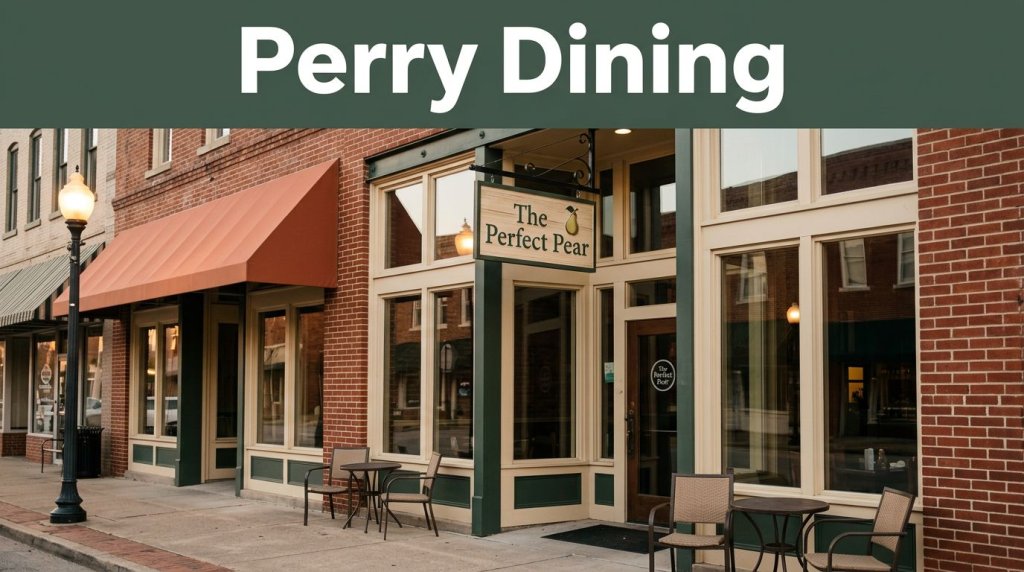 Historic brick restaurant entrance with The Perfect Pear sign in warm evening light.