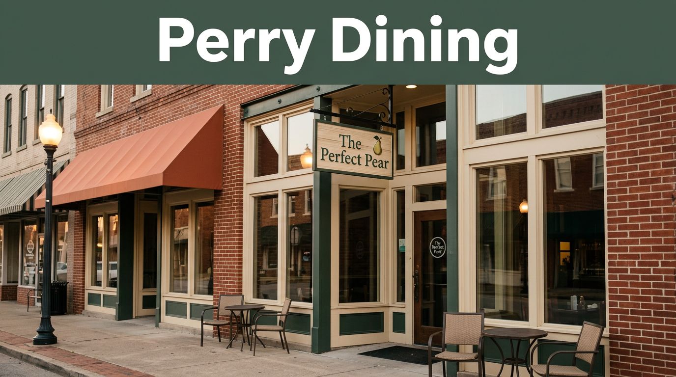 Historic brick restaurant entrance with The Perfect Pear sign in warm evening light.