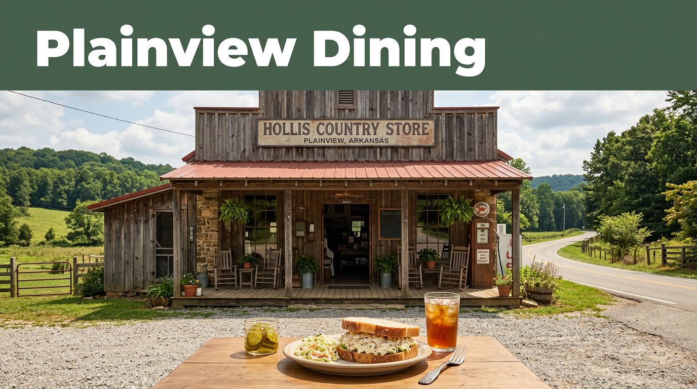 Rustic country store beside Highway 7 with a sandwich on a table and a green headline band.