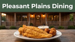 A rustic catfish restaurant with fried catfish and hushpuppies in front.