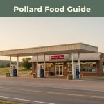 A rural Arkansas convenience store and gas station beside a highway at sunset.