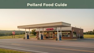 A rural Arkansas convenience store and gas station beside a highway at sunset.